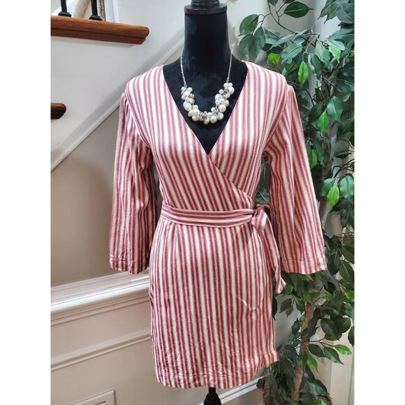 Volcom Red/ Ivory Stripe "Pull Here" Wrap Dress Soft Cotton Size Small - Picture 1 of 15